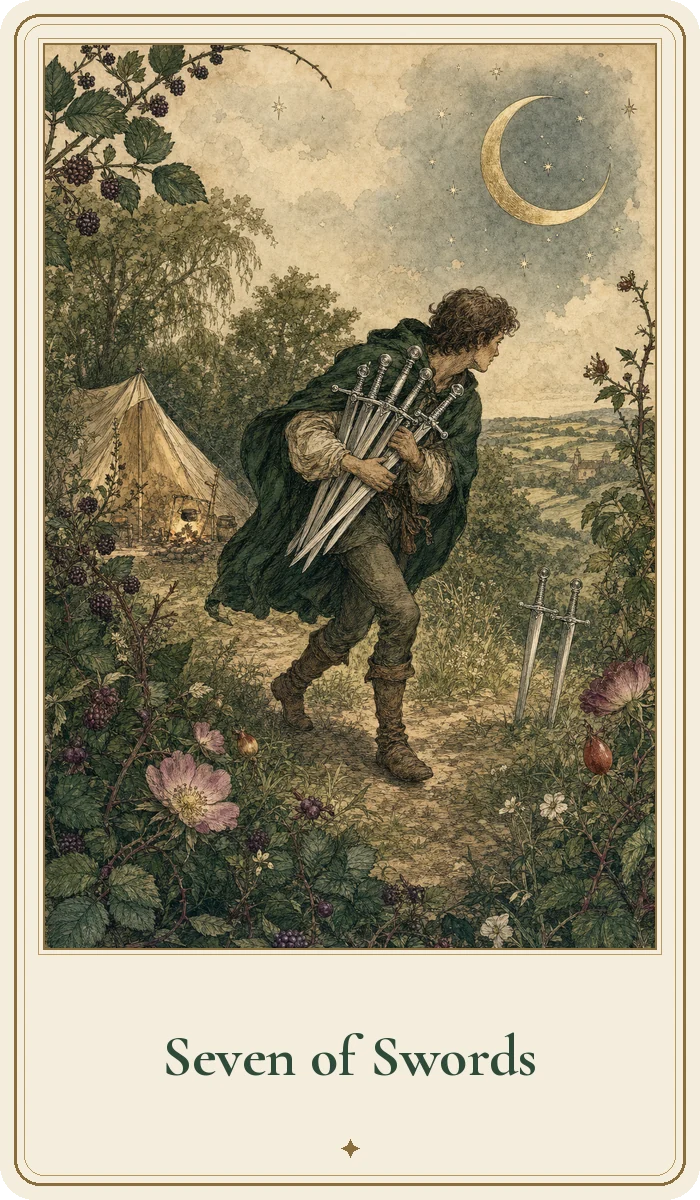 Seven of Swords tarot card from the Hedge Magic deck