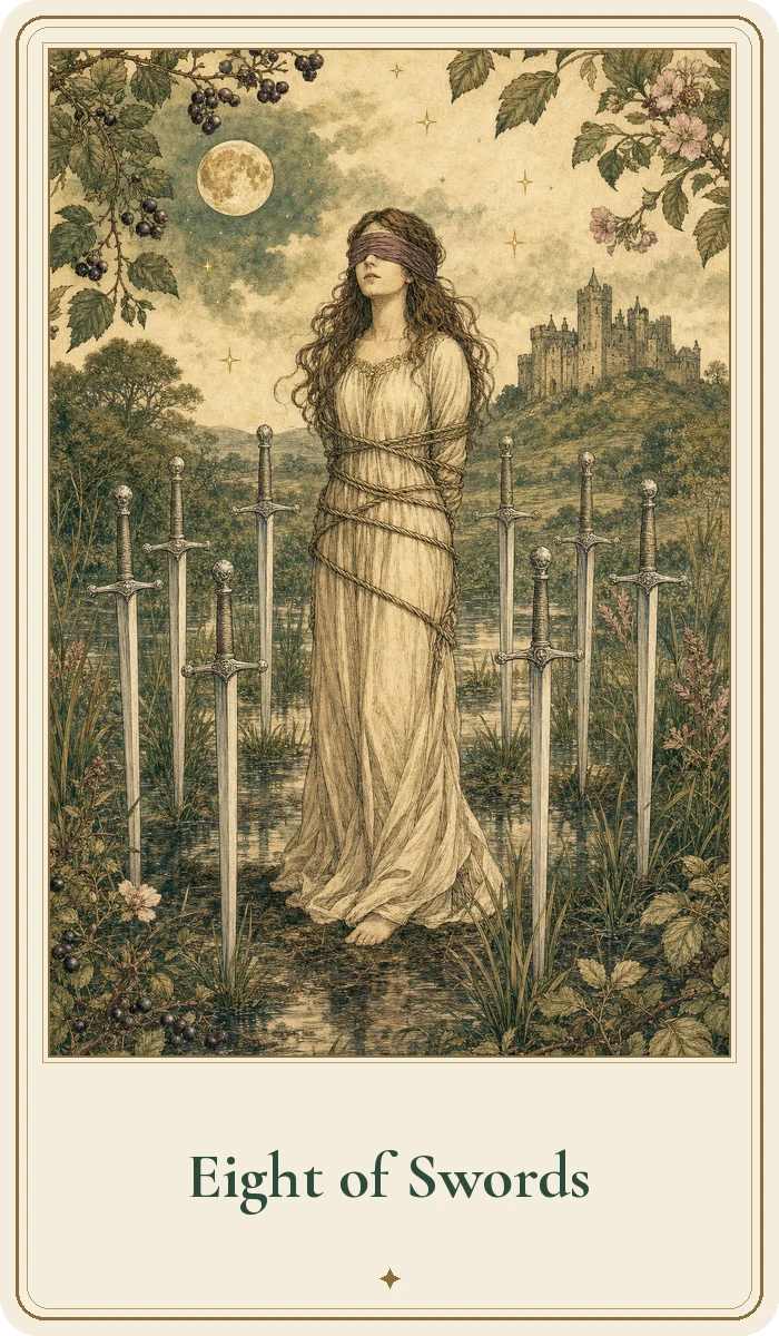 Eight of Swords tarot card from the Hedge Magic deck