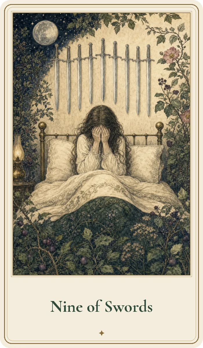 Nine of Swords tarot card from the Hedge Magic deck