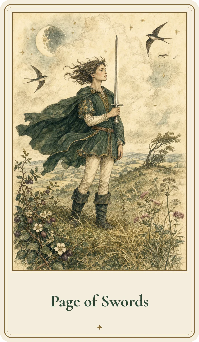 Page of Swords tarot card from the Hedge Magic deck