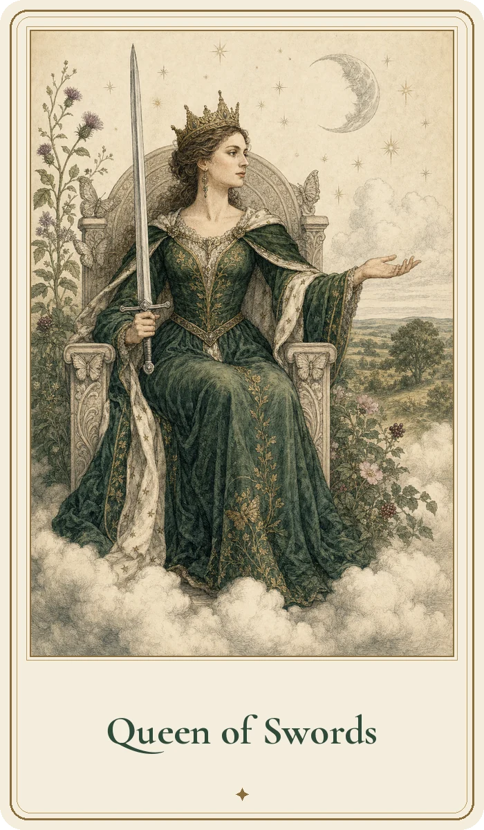 Queen of Swords tarot card from the Hedge Magic deck