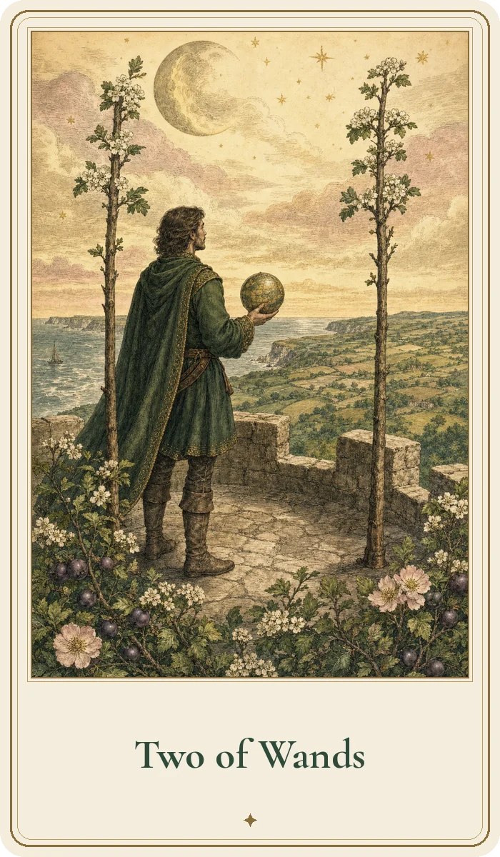 Two of Wands tarot card from the Hedge Magic deck