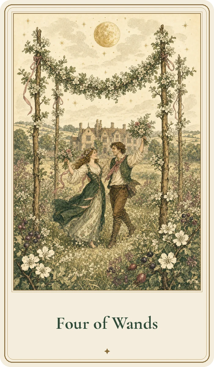 Four of Wands tarot card from the Hedge Magic deck