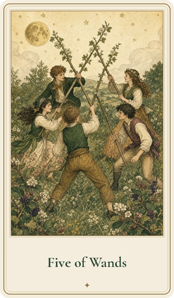 Five of Wands tarot card from the Hedge Magic deck
