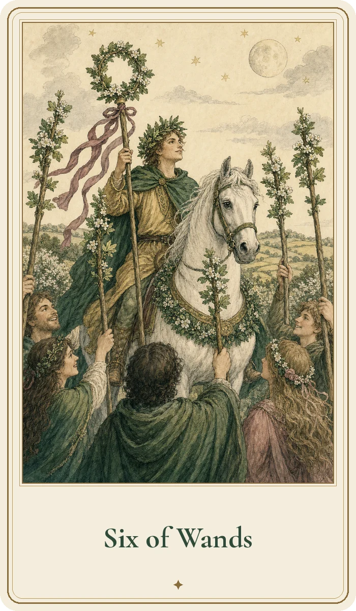 Six of Wands tarot card from the Hedge Magic deck
