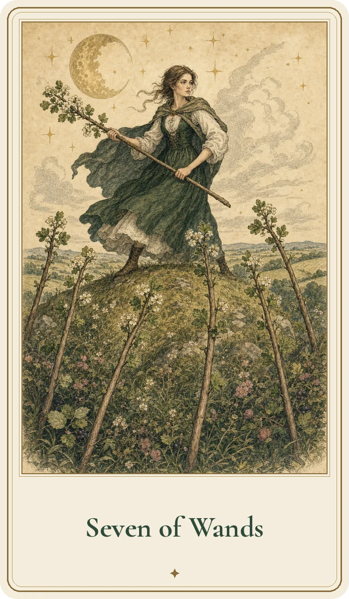 Seven of Wands tarot card from the Hedge Magic deck