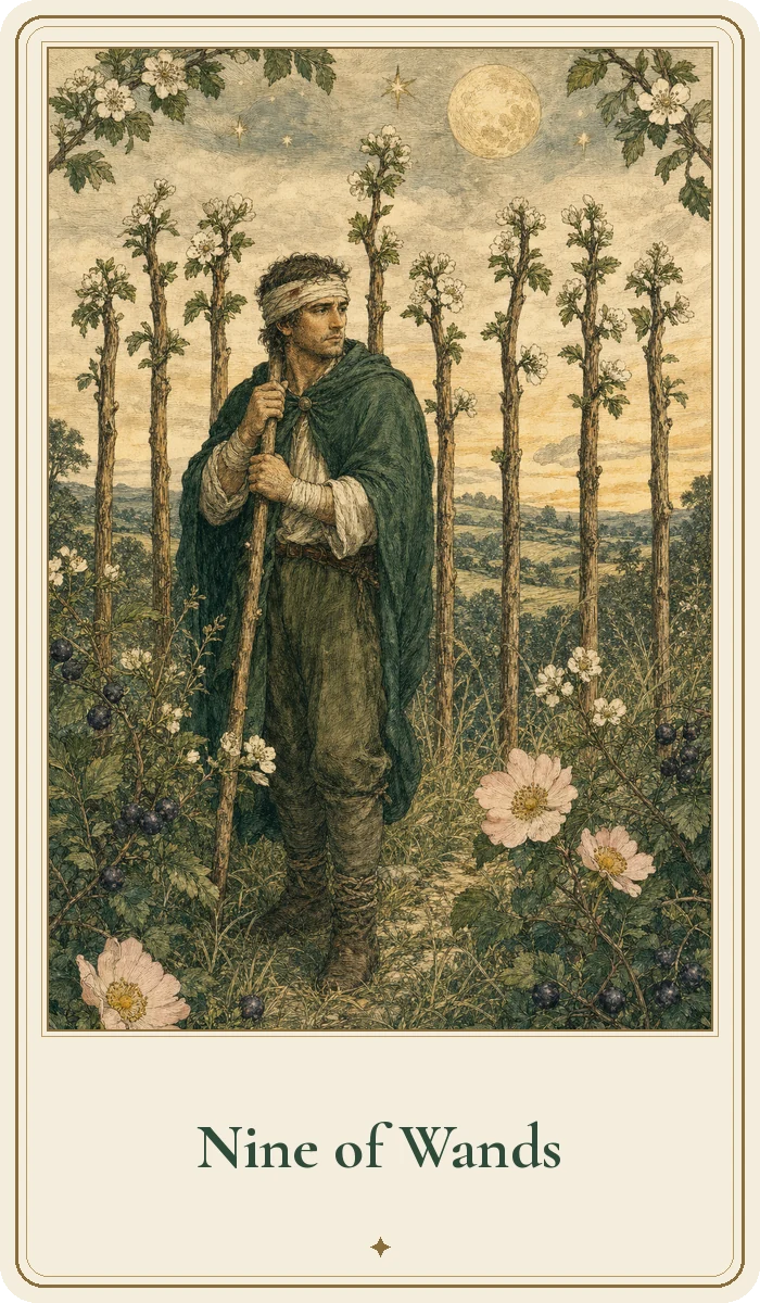 Nine of Wands tarot card from the Hedge Magic deck