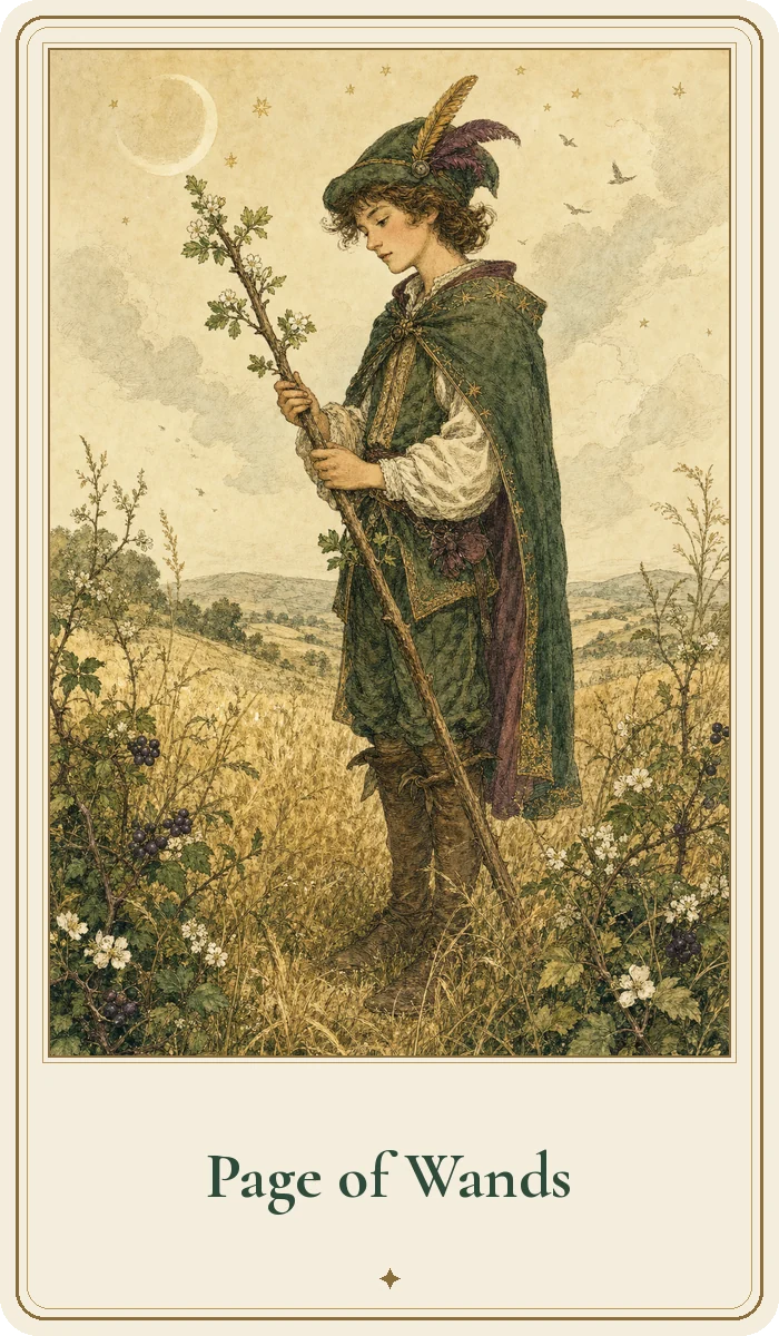 Page of Wands tarot card from the Hedge Magic deck