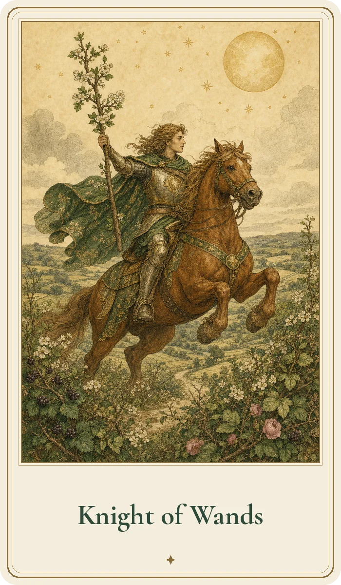 Knight of Wands tarot card from the Hedge Magic deck