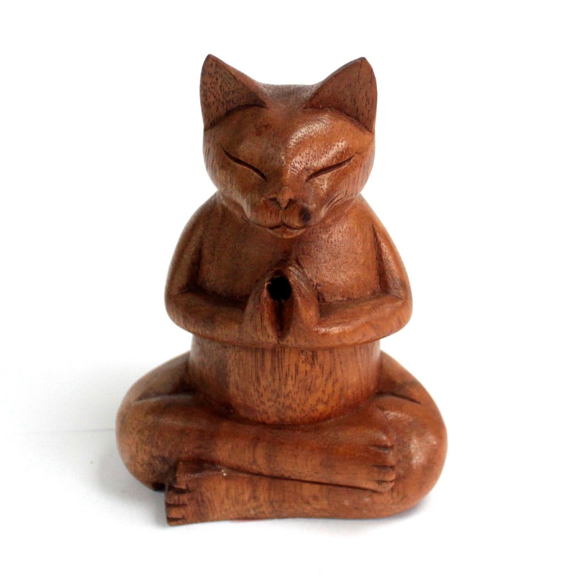 Carved Wooden Yoga Cat Incense Burner – Medium