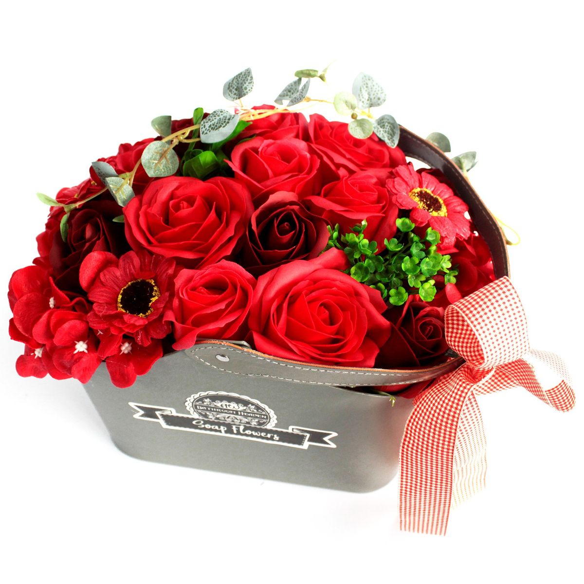 Soap Flower Bouquet in Basket – Red