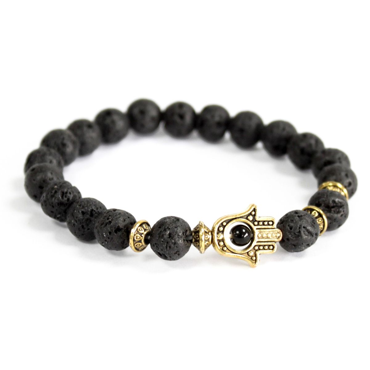 Lava Stone Gemstone Bracelet – Gold Hamsa