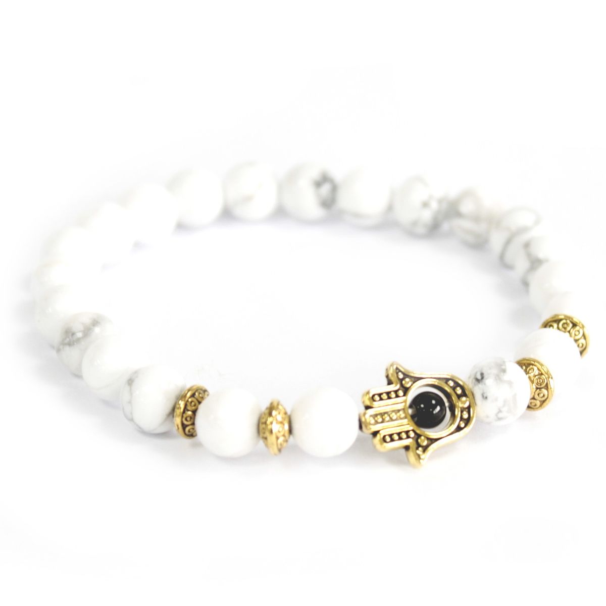 White Howlite Gemstone Bracelet – Gold Hamsa
