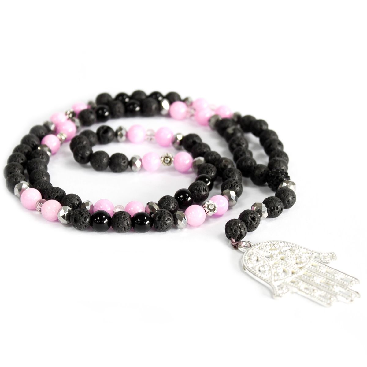 Pink & Black Lava Stone Necklace – Hamsa