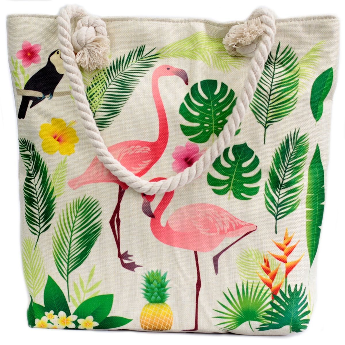 Woven Beach Tote Bag with Rope Handles – Flamingo & Tropical Leaves
