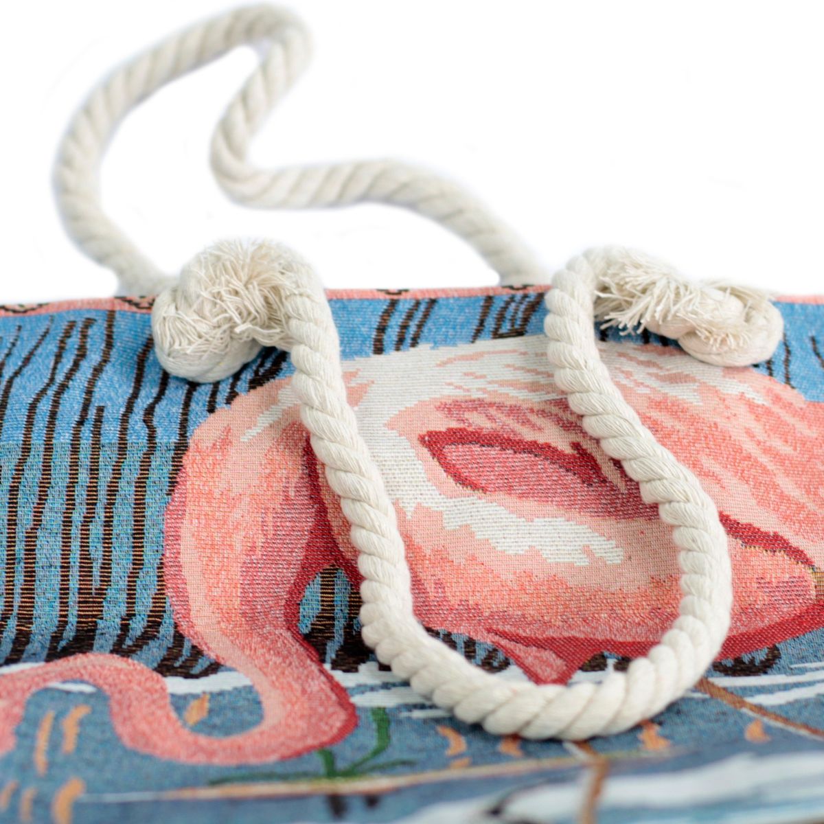 Woven Beach Tote Bag with Rope Handles – Pink Flamingo