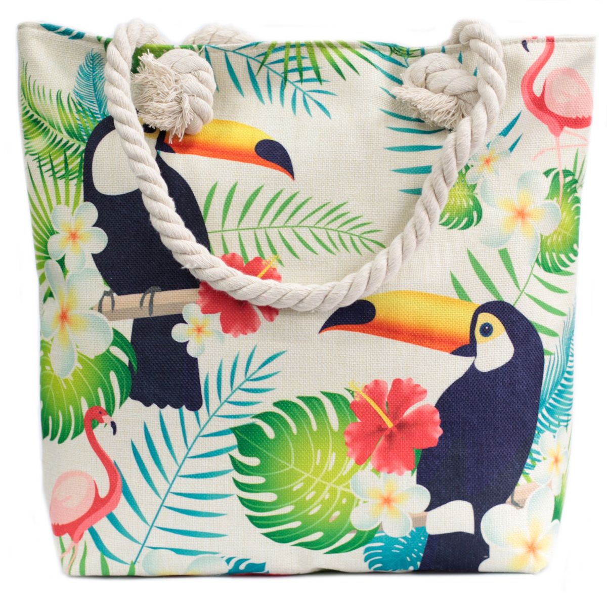 Woven Beach Tote Bag with Rope Handles – Tropical Toucan