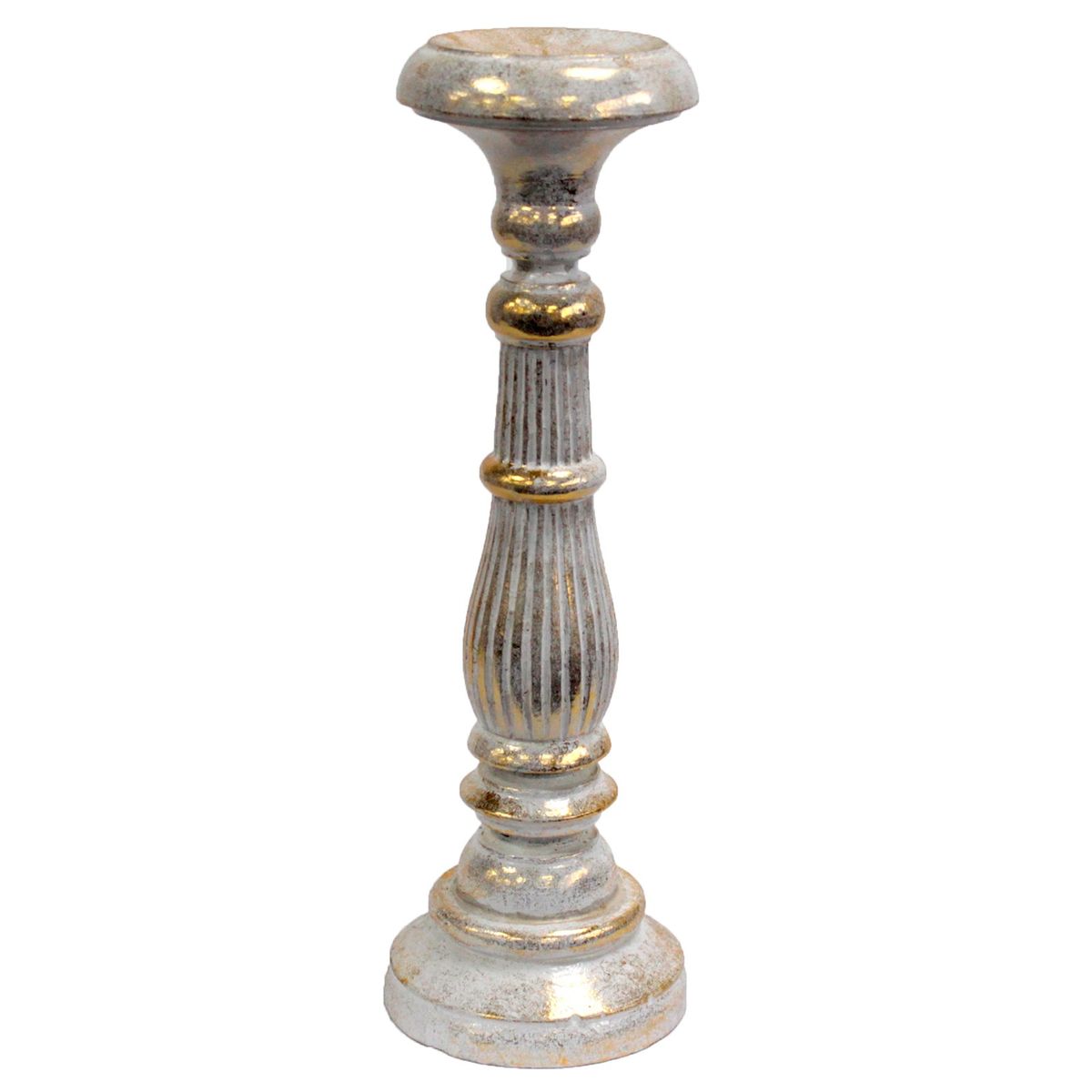 Carved Wooden Candle Stand – White Gold, Large
