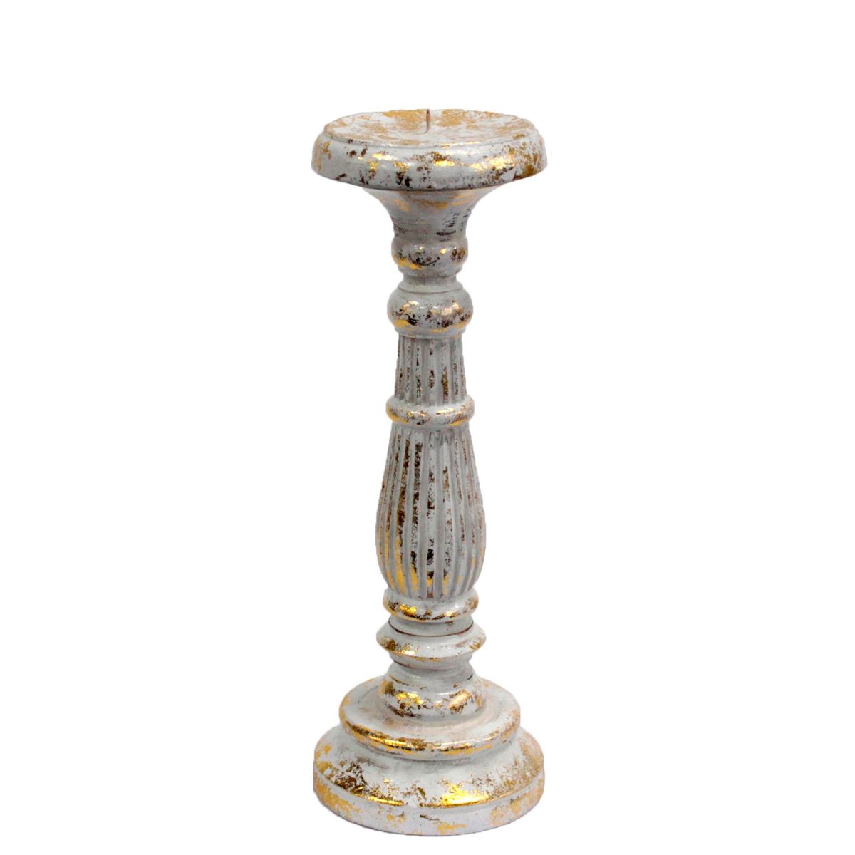 Carved Wooden Candle Stand – White Gold, Medium
