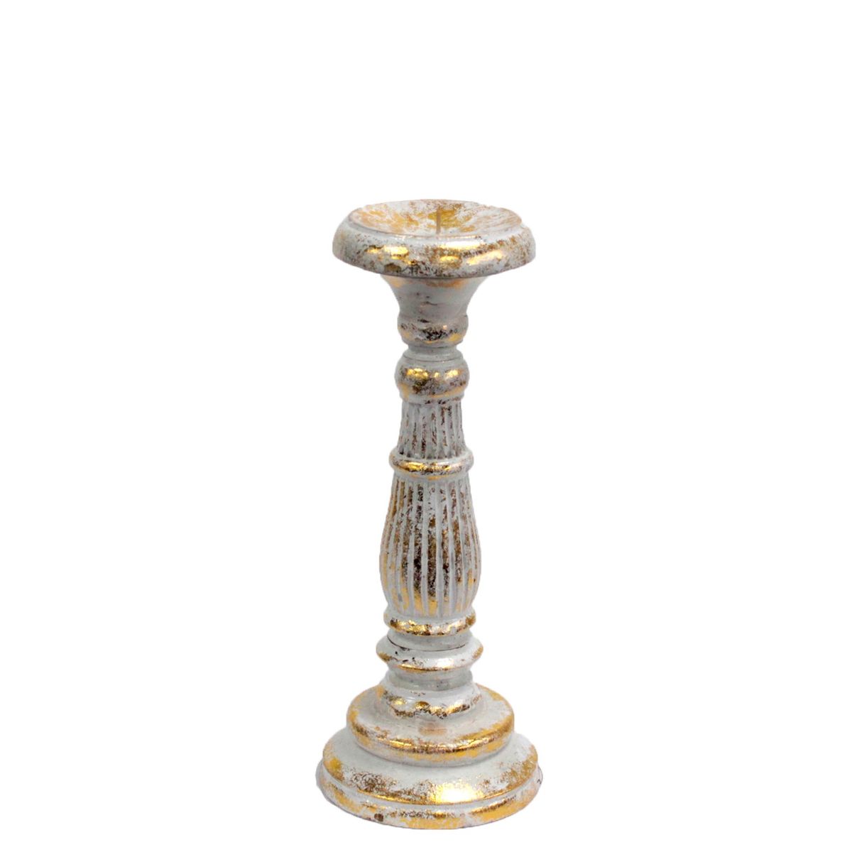 Carved Wooden Candle Stand – White Gold, Small