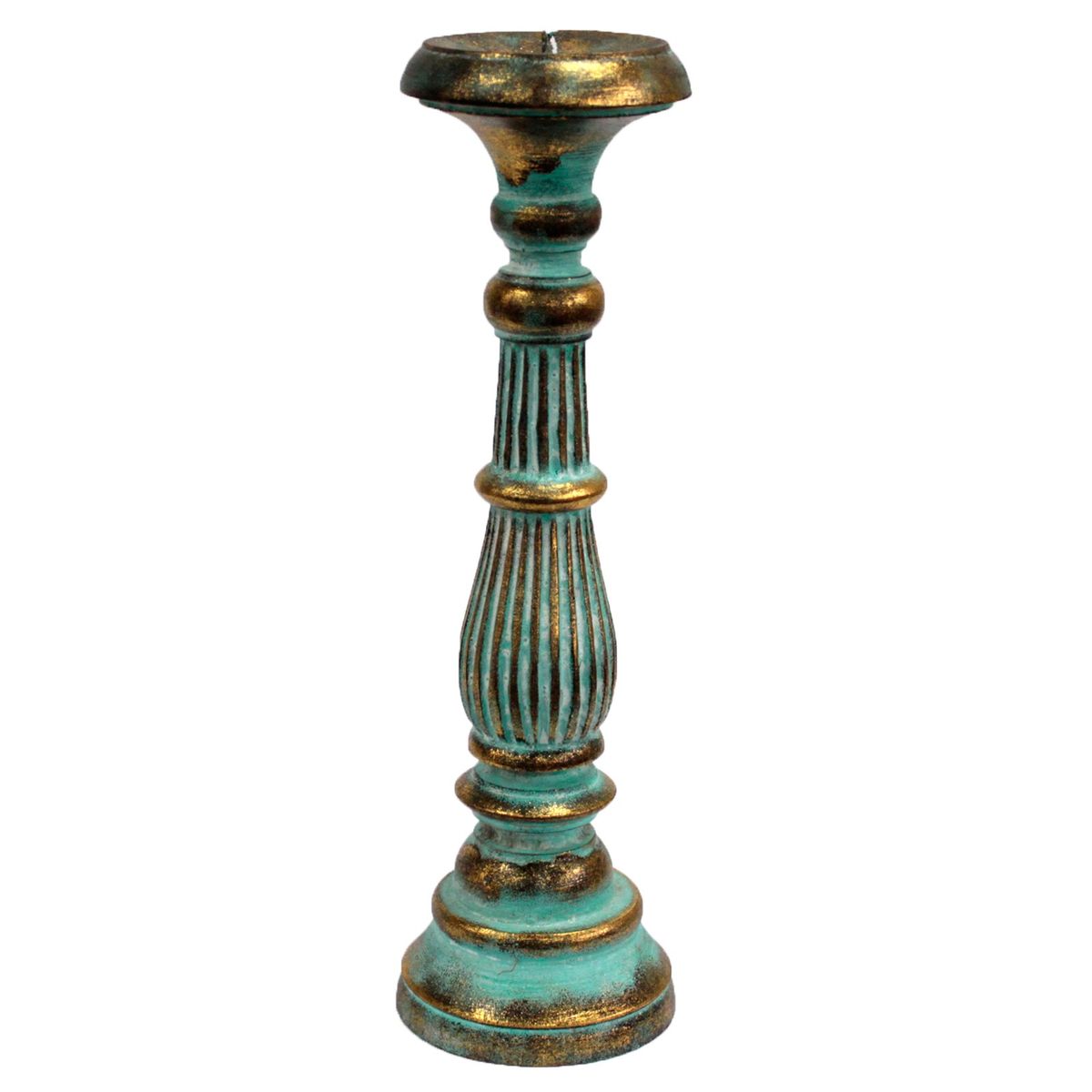 Carved Wooden Candle Stand – Turquoise Gold, Large