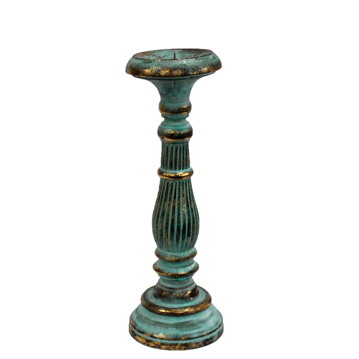 Carved Wooden Candle Stand – Turquoise Gold, Medium