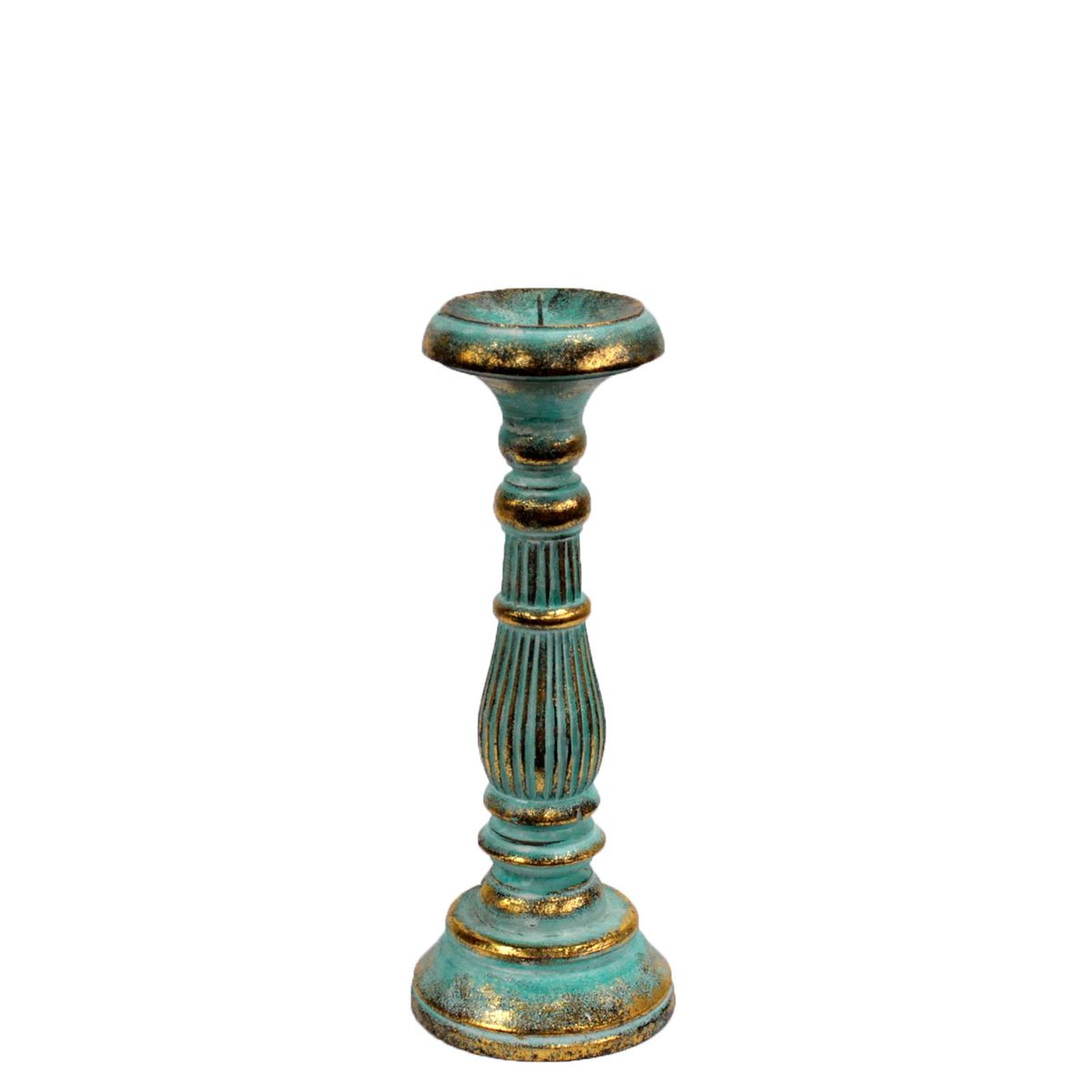 Carved Wooden Candle Stand – Turquoise Gold, Small