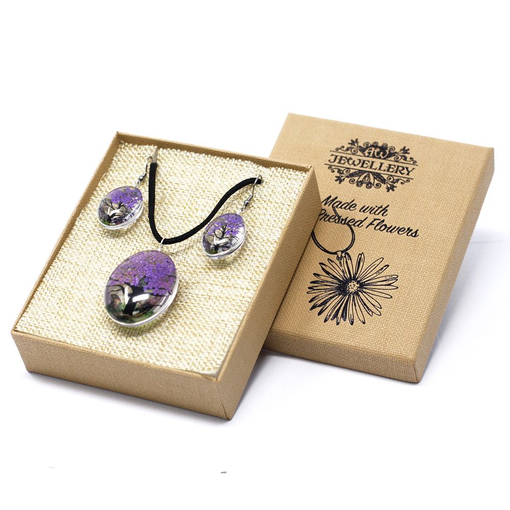 Pressed Flower Tree of Life Necklace & Earrings Set – Lavender