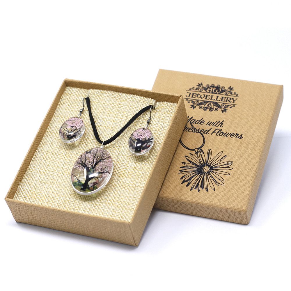 Pressed Flower Tree of Life Necklace & Earrings Set – Pink
