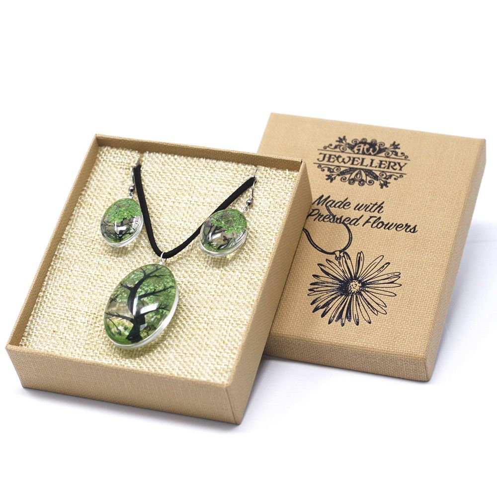 Pressed Flower Tree of Life Necklace & Earrings Set – Green