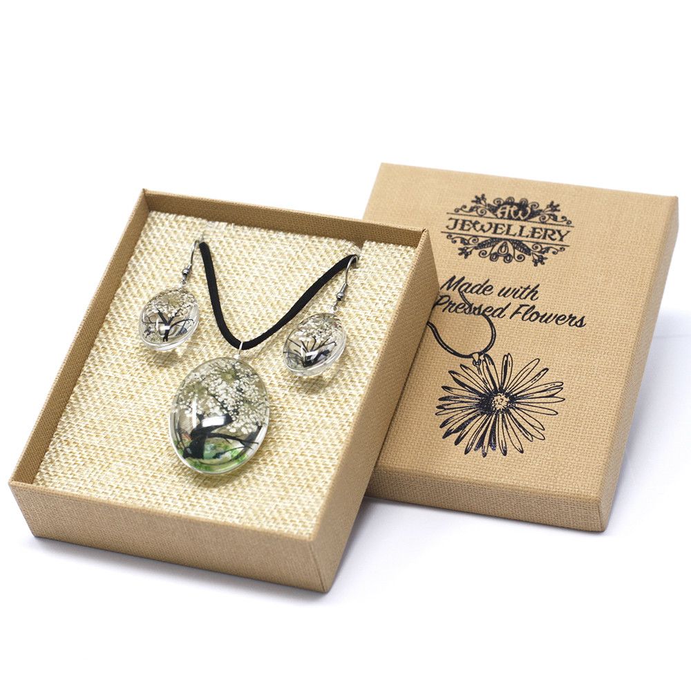 Pressed Flower Tree of Life Necklace & Earrings Set – White