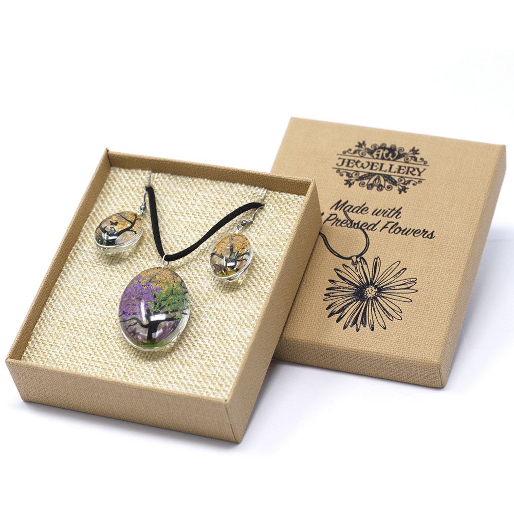 Pressed Flower Tree of Life Necklace & Earrings Set – Mixed Colours
