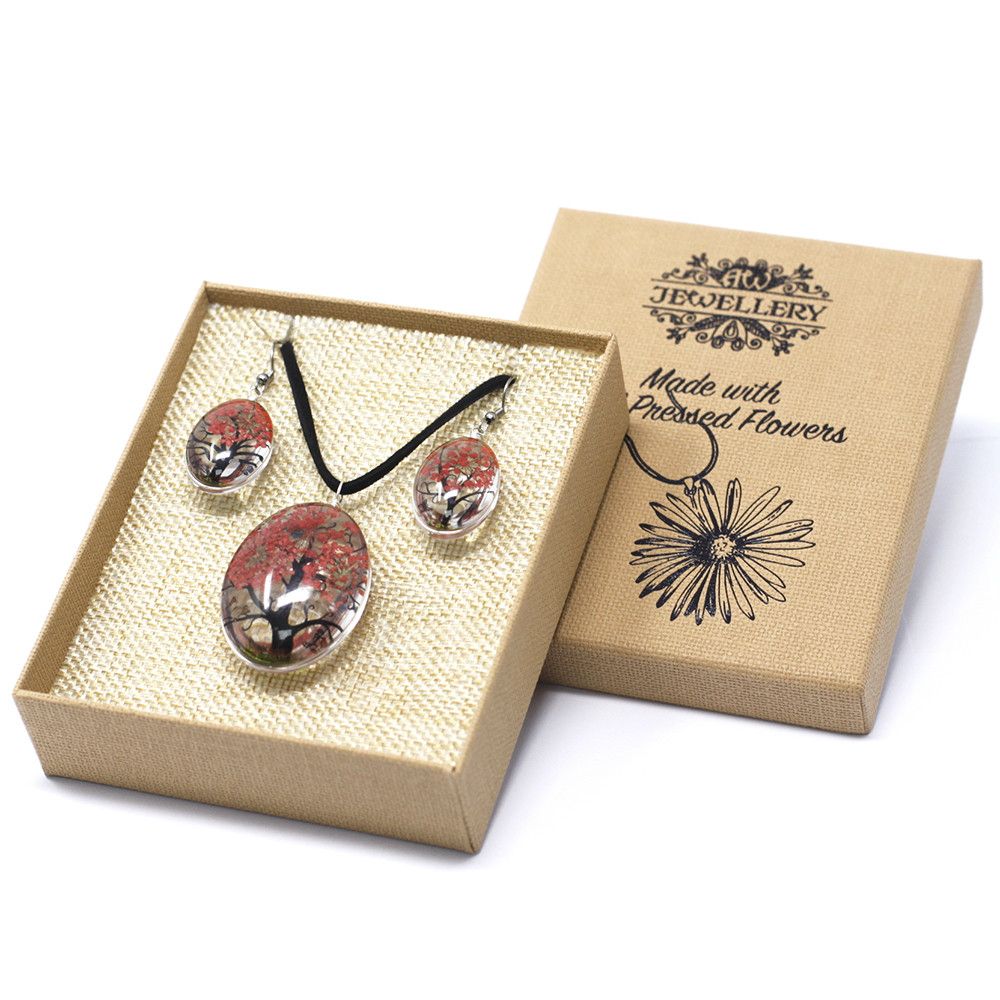 Pressed Flower Tree of Life Necklace & Earrings Set – Coral