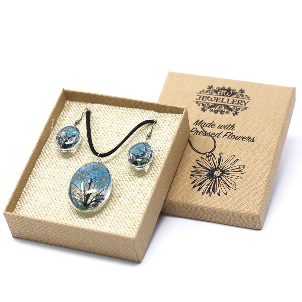 Pressed Flower Tree of Life Necklace & Earrings Set – Teal