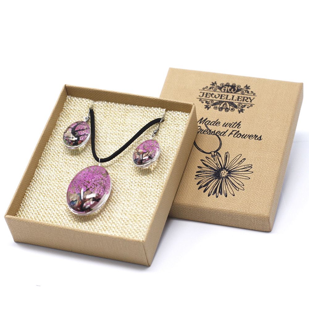 Pressed Flower Tree of Life Necklace & Earrings Set – Bright Pink