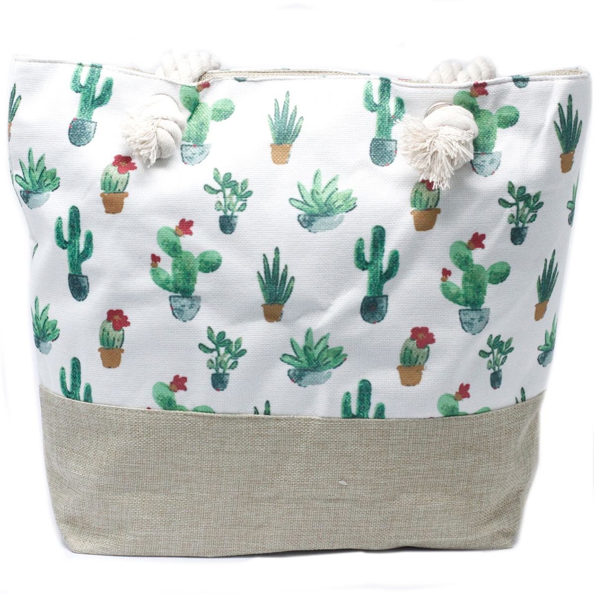 Woven Beach Tote Bag with Rope Handles – Mini Cactus