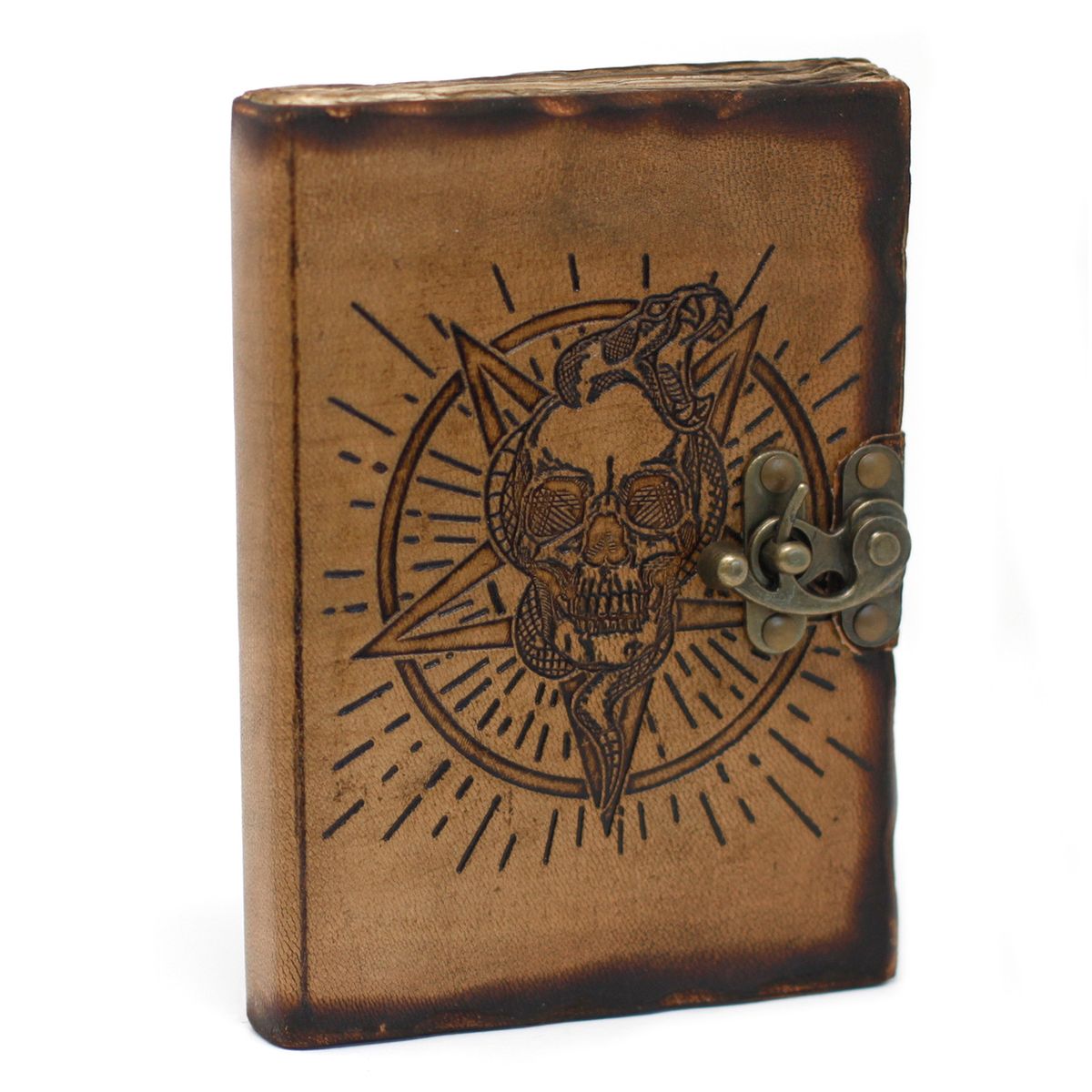 Pentagram & Skull Burnt Edge Leather Notebook – 7 x 5in