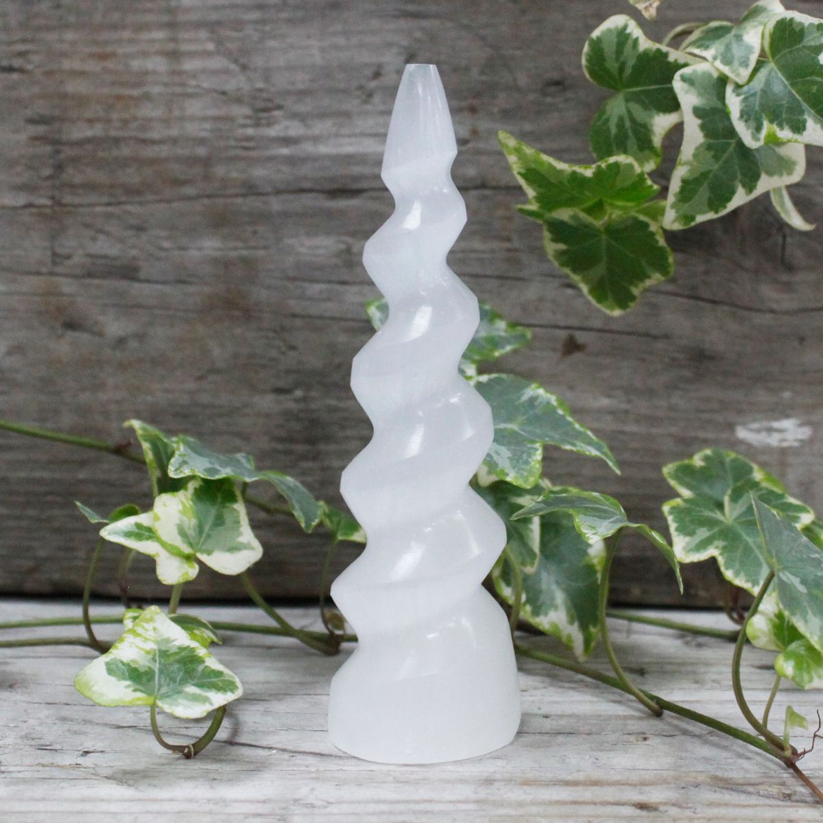 Selenite Spiral Unicorn Horn Tower – 15cm
