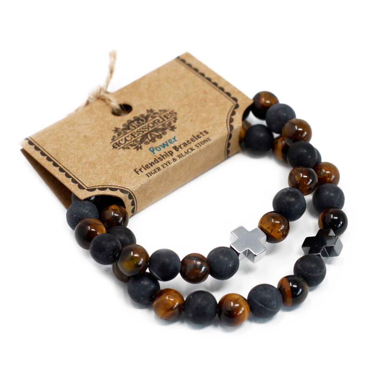 Friendship Bracelet Pair – Power, Tiger Eye & Black Stone