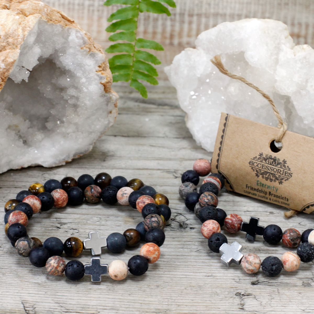 Friendship Bracelet Pair – Eternity, Leopard Skin Jasper & Lava Stone