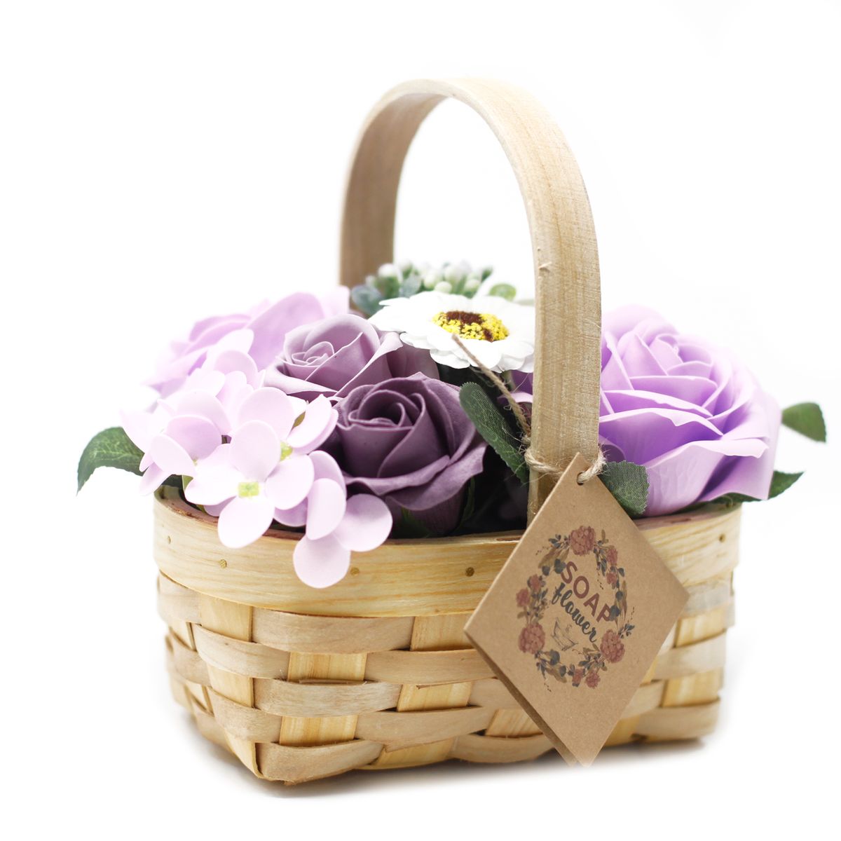 Soap Flower Bouquet in Wicker Basket – Lilac, Medium