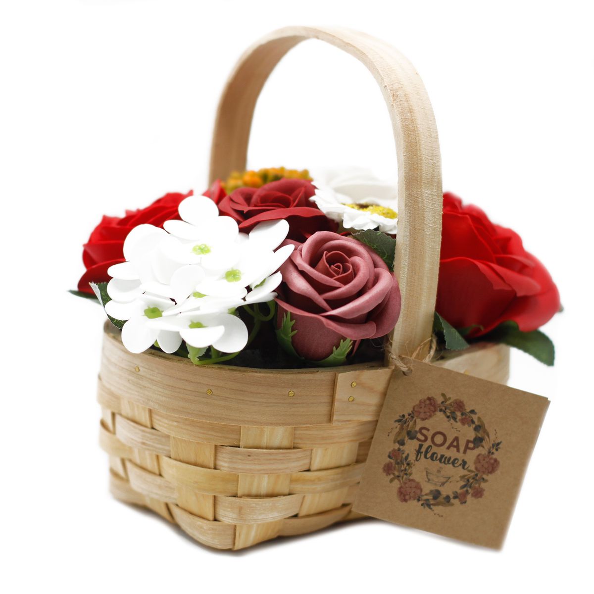 Soap Flower Bouquet in Wicker Basket – Red, Medium