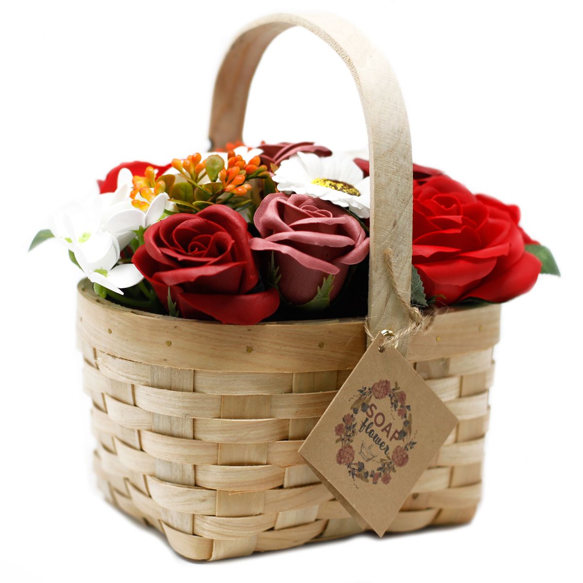Soap Flower Bouquet in Wicker Basket – Red, Large