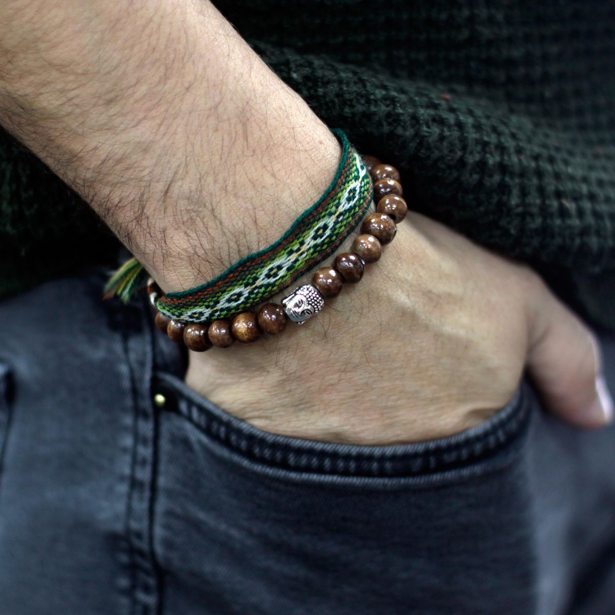 Brown Wooden Bead Buddha Bracelet
