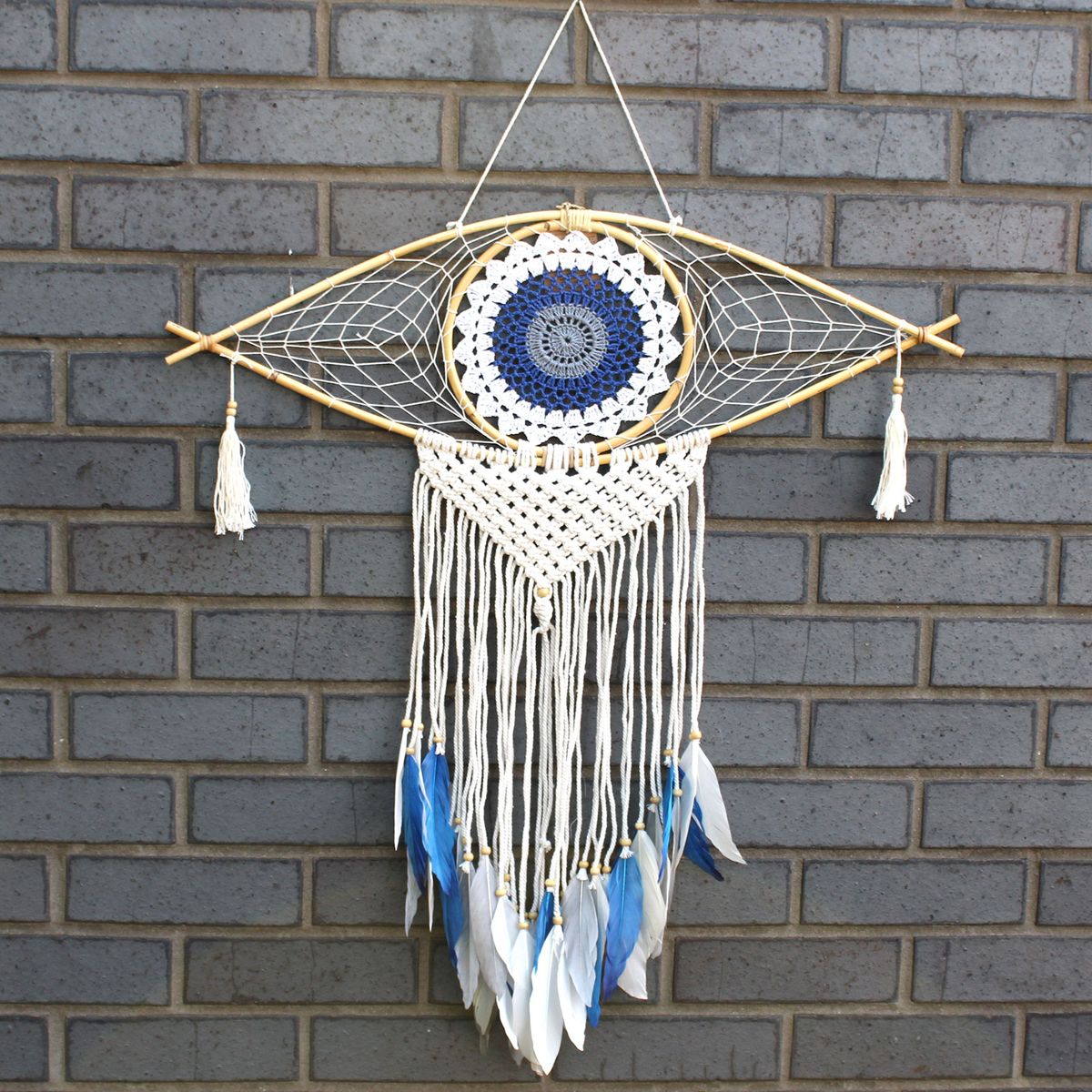 Protection Macrame Evil Eye Dreamcatcher – Large, White/Blue/Grey