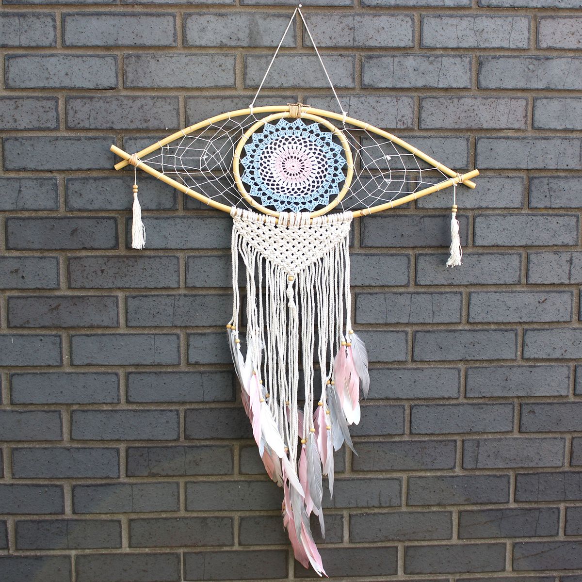 Protection Macrame Evil Eye Dreamcatcher – Large, Blue/White/Pink