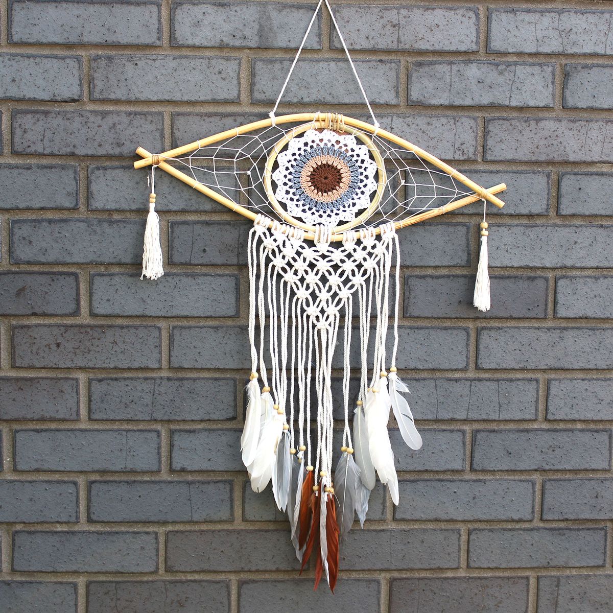 Protection Macrame Evil Eye Dreamcatcher – Medium, White/Grey/Brown