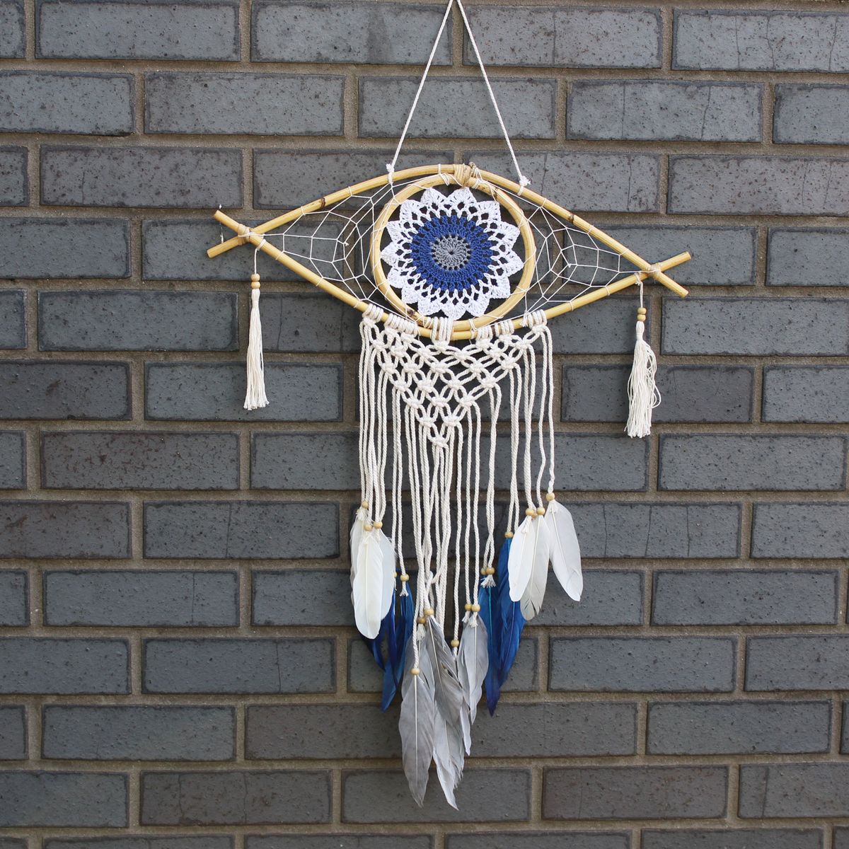 Protection Macrame Evil Eye Dreamcatcher – Medium, White/Blue/Grey