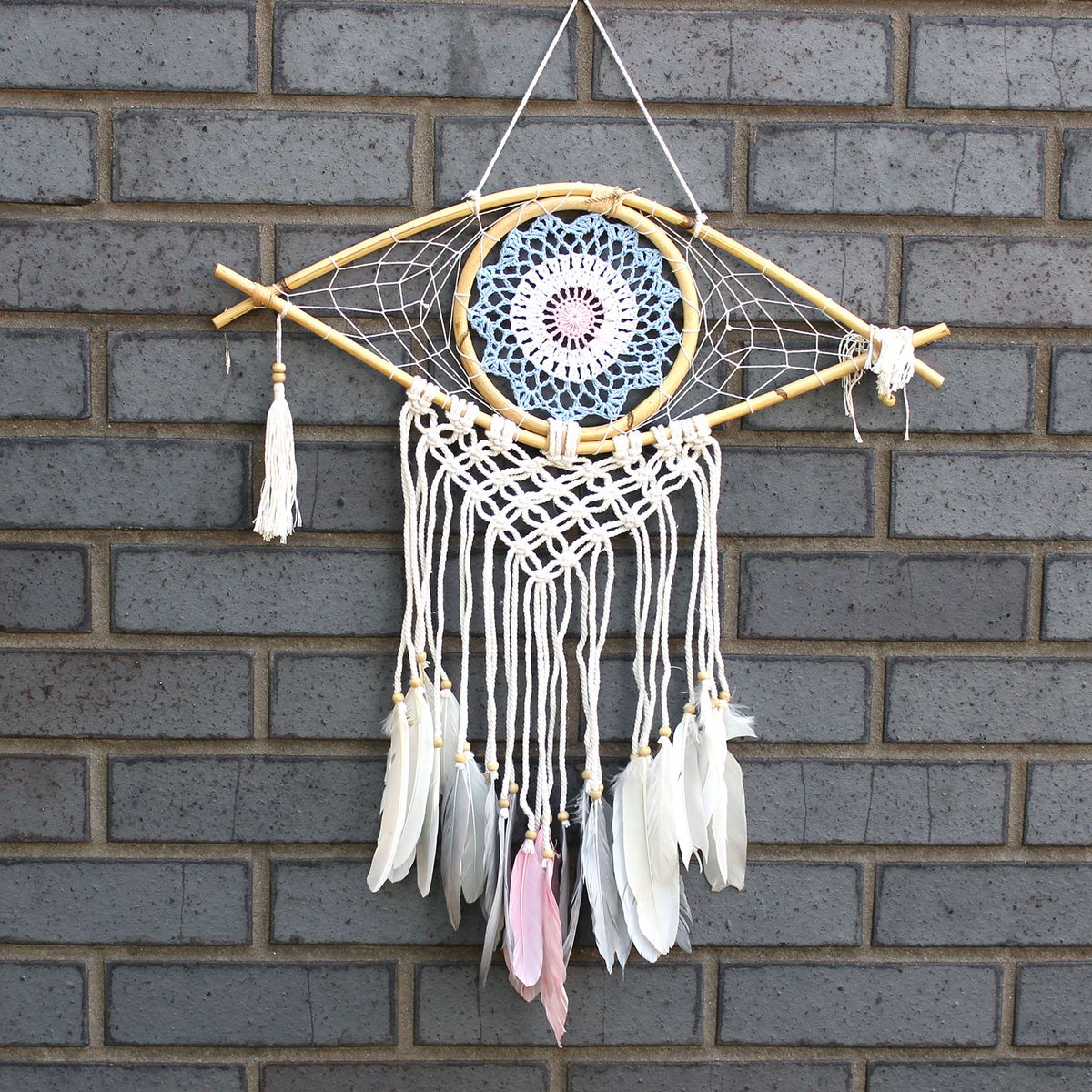 Protection Macrame Evil Eye Dreamcatcher – Medium, Blue/White/Pink