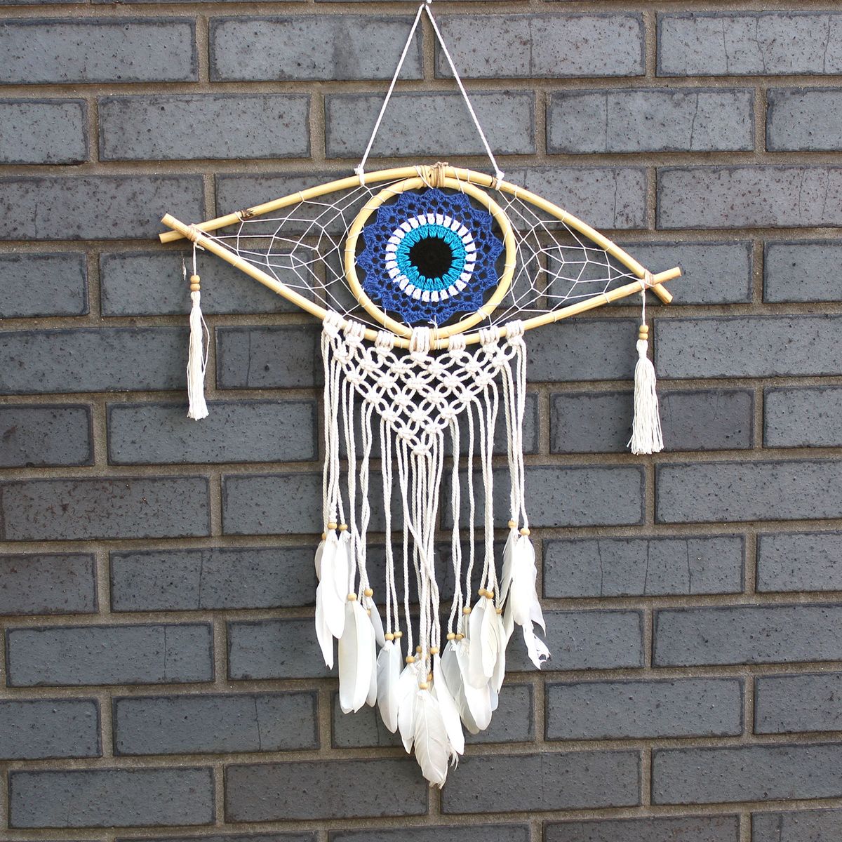 Protection Macrame Evil Eye Dreamcatcher – Medium, Blue/White/Black